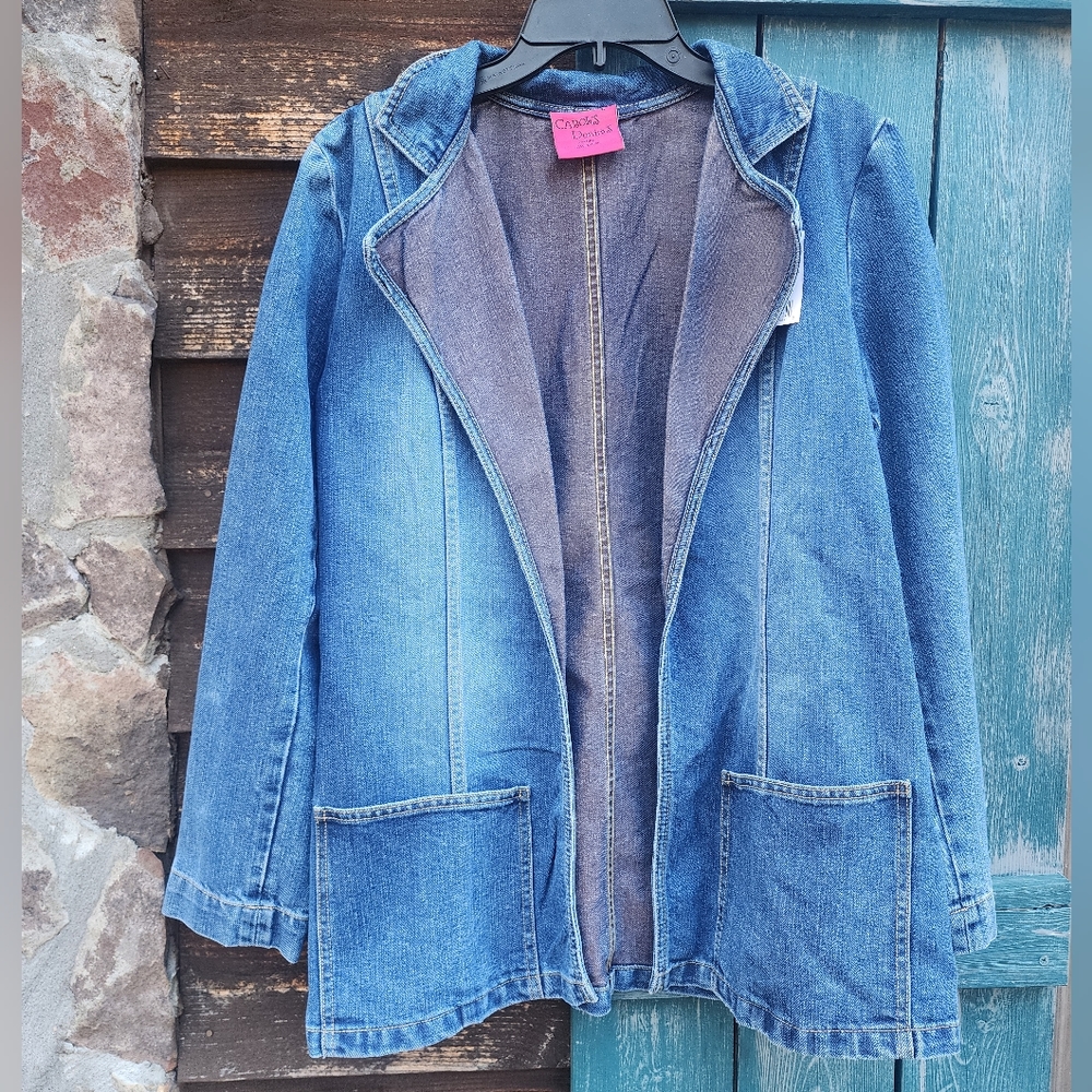 NWT Retro Style Womens Denim Jean Jacket Blazer Open Front Pockets Large
